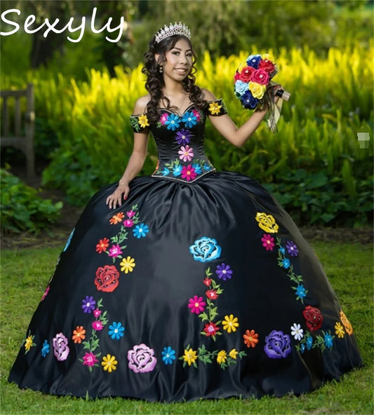 Customized Black Mexican Quinceanera Dresses Off Shoulders Embroidery Debutante Vestido De 15 Xv Años Satin Ball Gown Birthday black