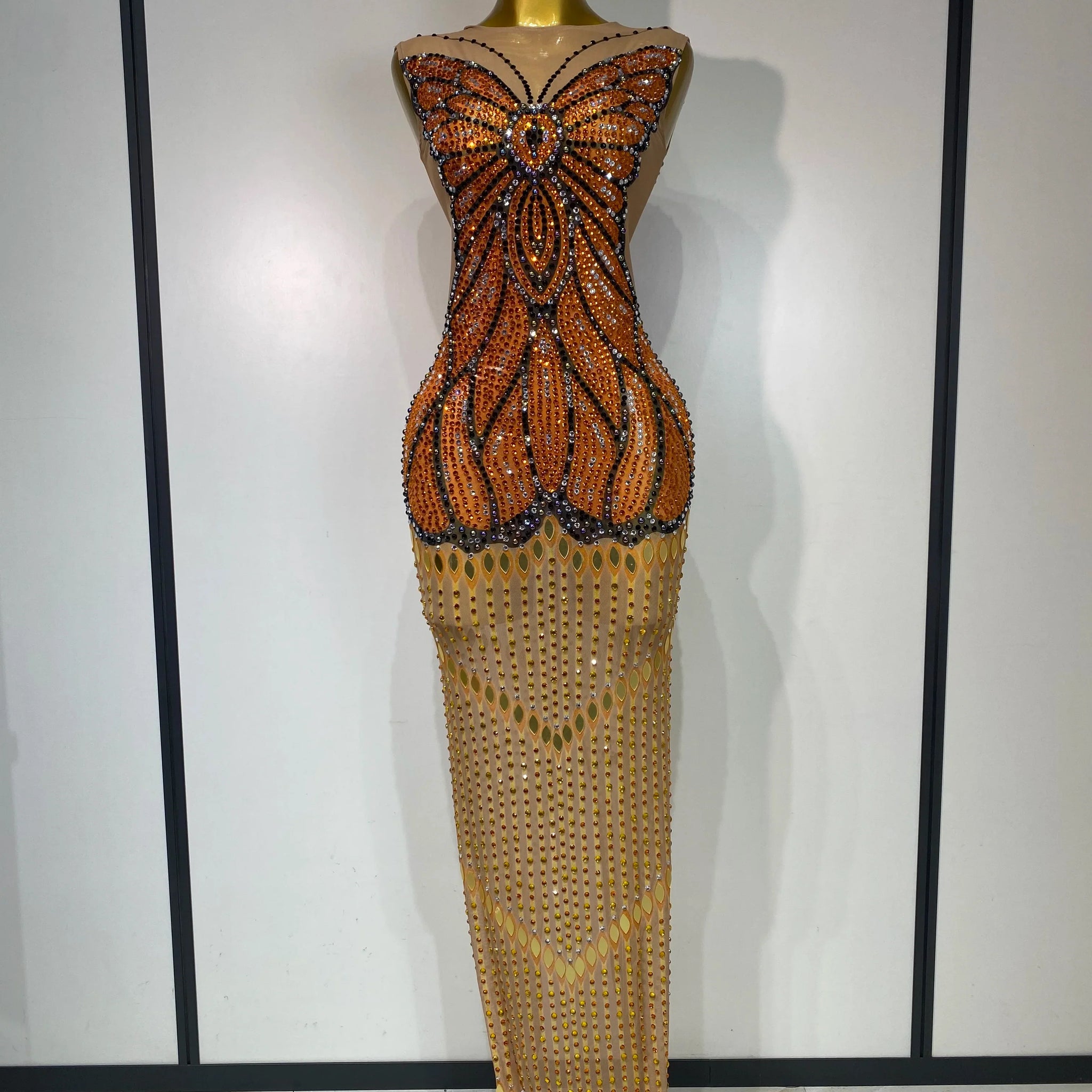 Luxury Rhinestones Mesh Long Dress Elegant Sexy Sleeveless Birthday Evening Party Gown Performance Singer Stage Outfit Long dress