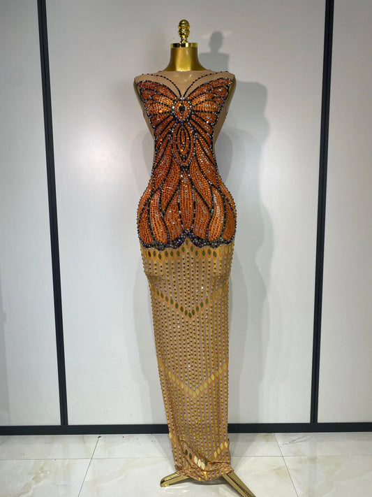 Luxury Rhinestones Mesh Long Dress Elegant Sexy Sleeveless Birthday Evening Party Gown Performance Singer Stage Outfit Long dress