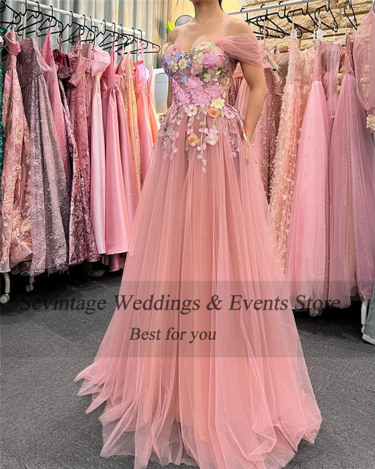 Fairy Pink Prom Dress Tulle Off The Shoulder 3D Flowers A-Line Ruched Party Growns Princess Floor Length Abendkleider
