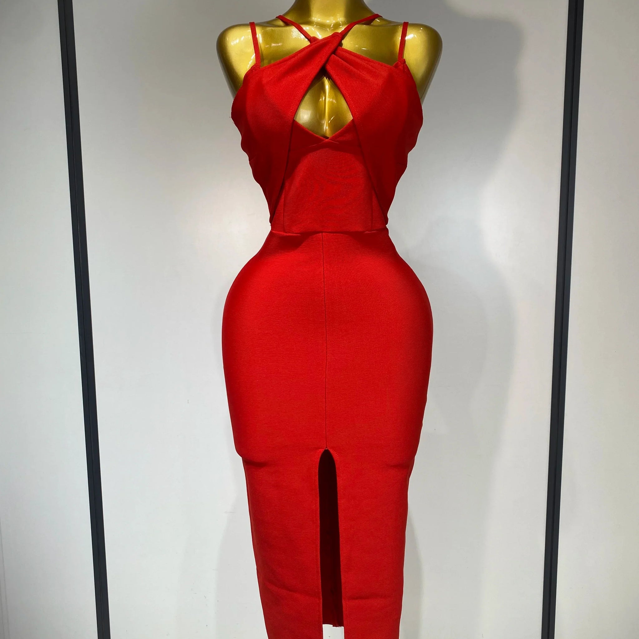 Women Sexy Sleeveless Hollow out Split Backless Red Midi Bandage Dress Celebrity Elegant Evening Luxury Birthday Dresses Red