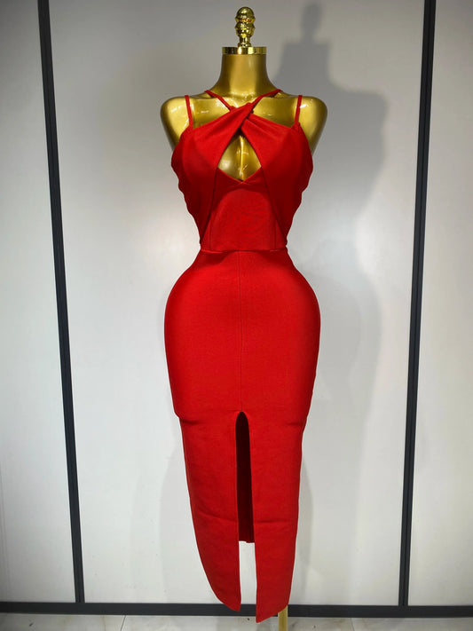 Women Sexy Sleeveless Hollow out Split Backless Red Midi Bandage Dress Celebrity Elegant Evening Luxury Birthday Dresses Red