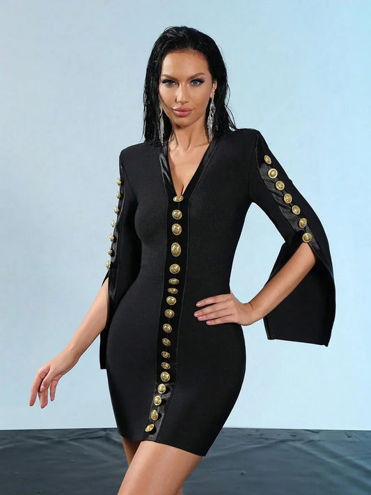 Women V Neck Bandage Dress Black Sexy Long Sleeve Button Bodycon Club Celebrity Elegant Evening Mini Party Dresses