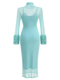 Sexy Turtleneck Ruffle-Cuff Mesh Tight Long Dress Women Long Sleeves Ruffles Bodycon Midi Dresses Evening Party Cocktail Club