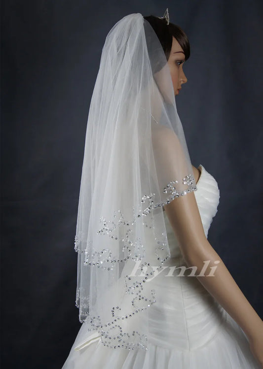 Two-Tier Fingertip Length Hand-Beaded Bridal Veil Wedding Accessory: A Touch of Sparkle and Sophistication for Your Special Day