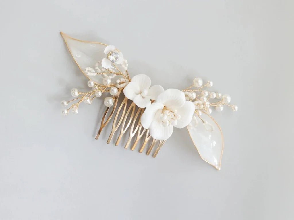Bridal Jewelry Porcelain Flower Hairpin Gold Color Head Piece For Bridesmaids Bride Pearl Hair Comb Pin Clip Wedding Accessories