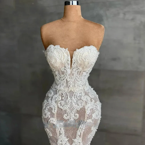 Chérie de luxe Sirène en dentelle robe de mariée cristaux Courte-marine Robe nuptiale sans bretelles Appliques sans manches