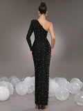 Elegant Women Light Luxury Nail Bead Bandage Dress with Slant Neck Single Shoulder Sleeve Bodycon Black Long Dress Vestidos