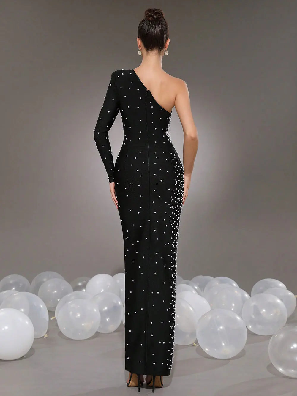 Elegant Women Light Luxury Nail Bead Bandage Dress with Slant Neck Single Shoulder Sleeve Bodycon Black Long Dress Vestidos