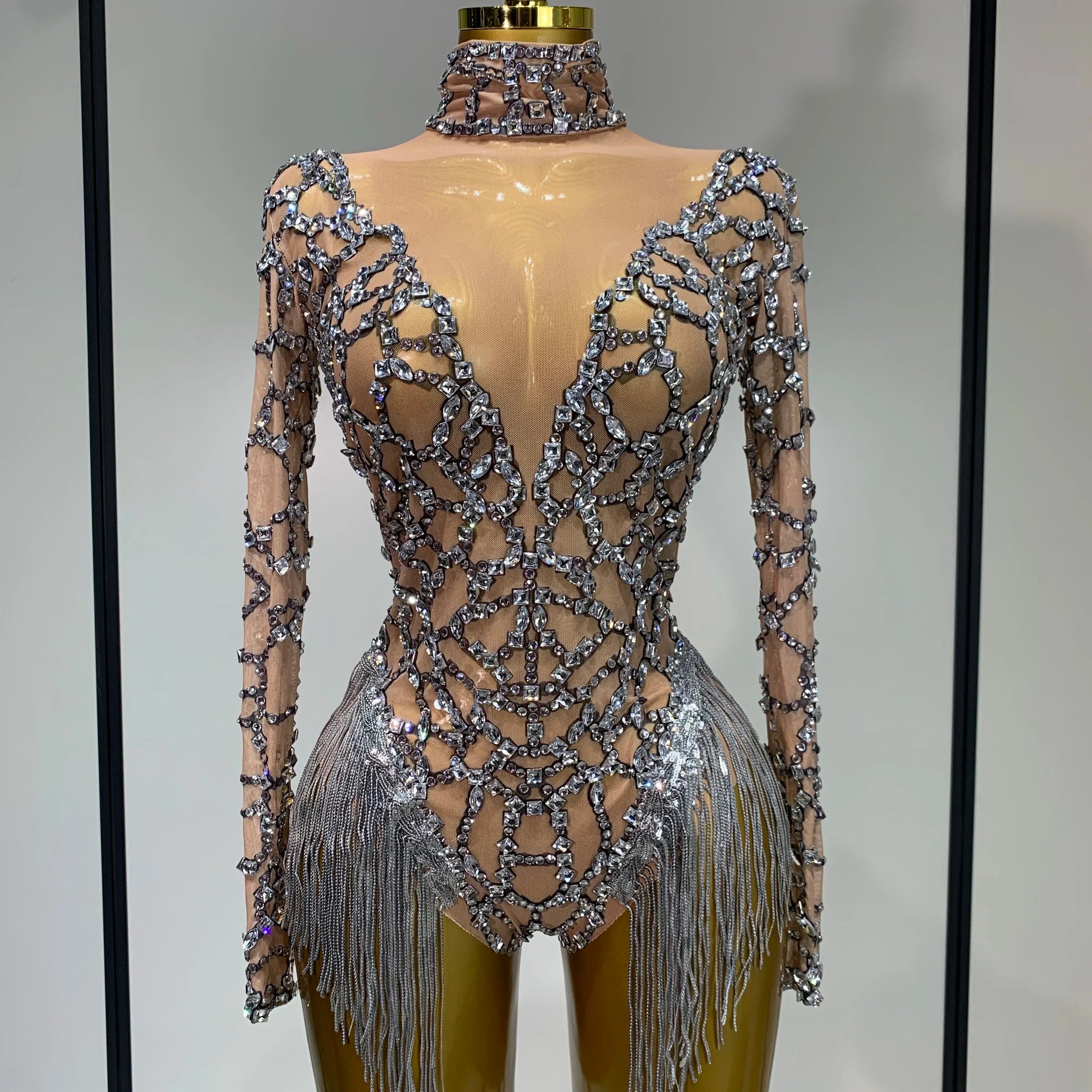 Shining Diamond Tassel Bodysuit Nightclub Stage Tight Mesh Long Sleeved High Quality Nightclub Singer Performance Costume Silver