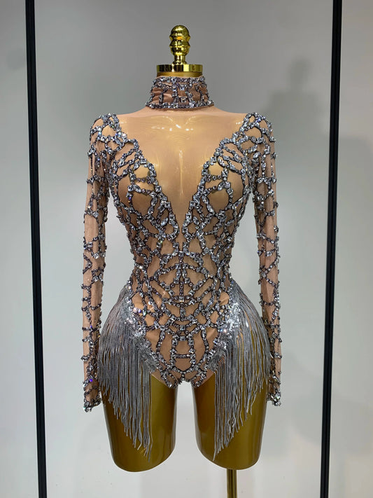 Shining Diamond Tassel Bodysuit Nightclub Stage Tight Mesh Long Sleeved High Quality Nightclub Singer Performance Costume Silver