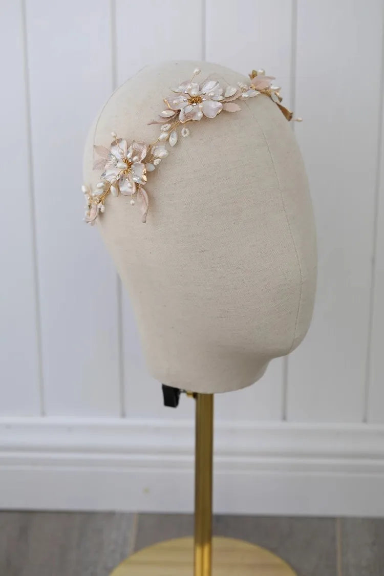 Vintage Gold Color Headband Hairband Flower Leaf Headpiece For Bride Pearl Headwear Wedding Accessories Bridal Hair Jewelry