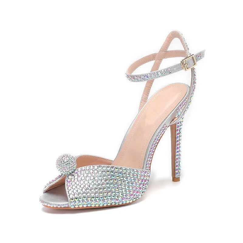 Runway style Rhinestone Sequined Peep toe Women Gladiator Sandals Summer Elegant High heels Crystal Wedding Banquet Bridal Shoes Colorful