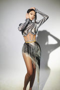 White Black Shinning Sequins Tassels Women Sexy Long Sleeve 2 Pieces Bodycon Mid-calf Dress Latin Performance Costume Stage Wear