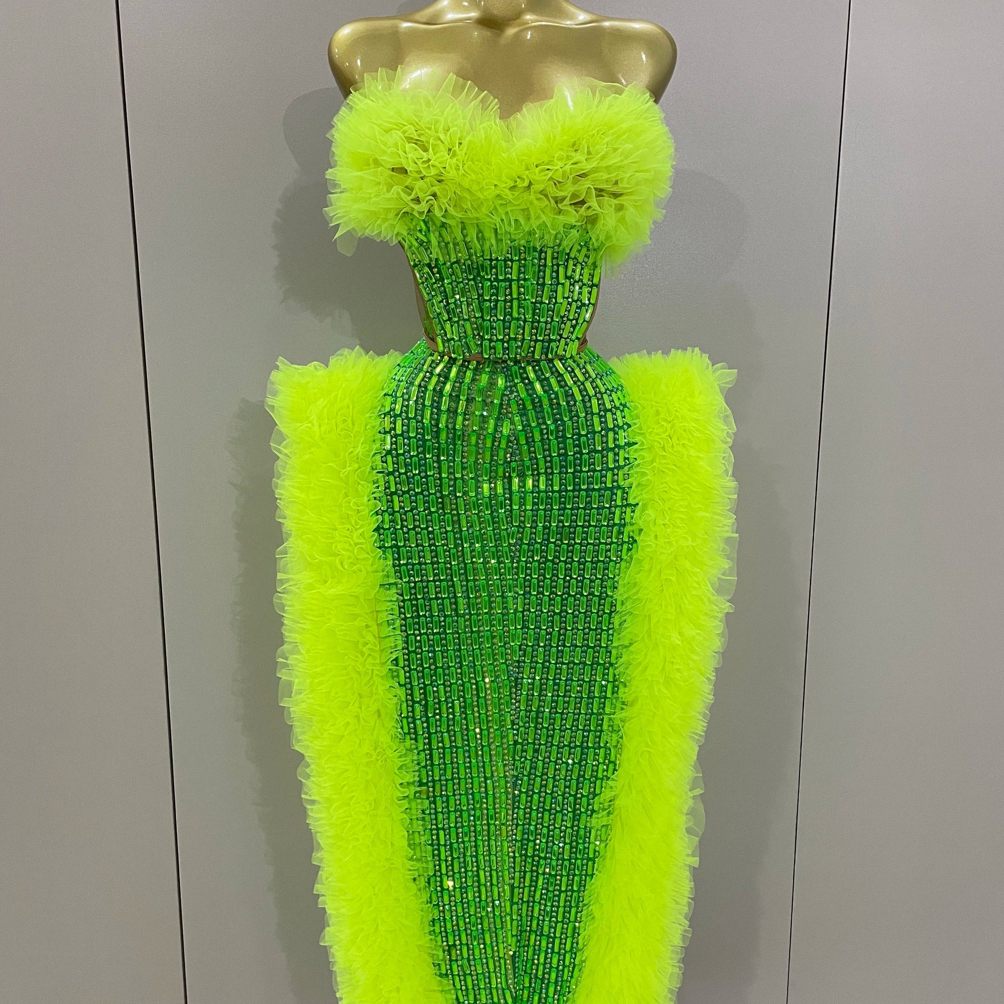 Sparkly Rhinestone Sexy Strapless Tops Skirt 2 PCS Set Women Celebrate Evening Prom Birthday Dress Nightclub Stage Outfit Fluorescent Green