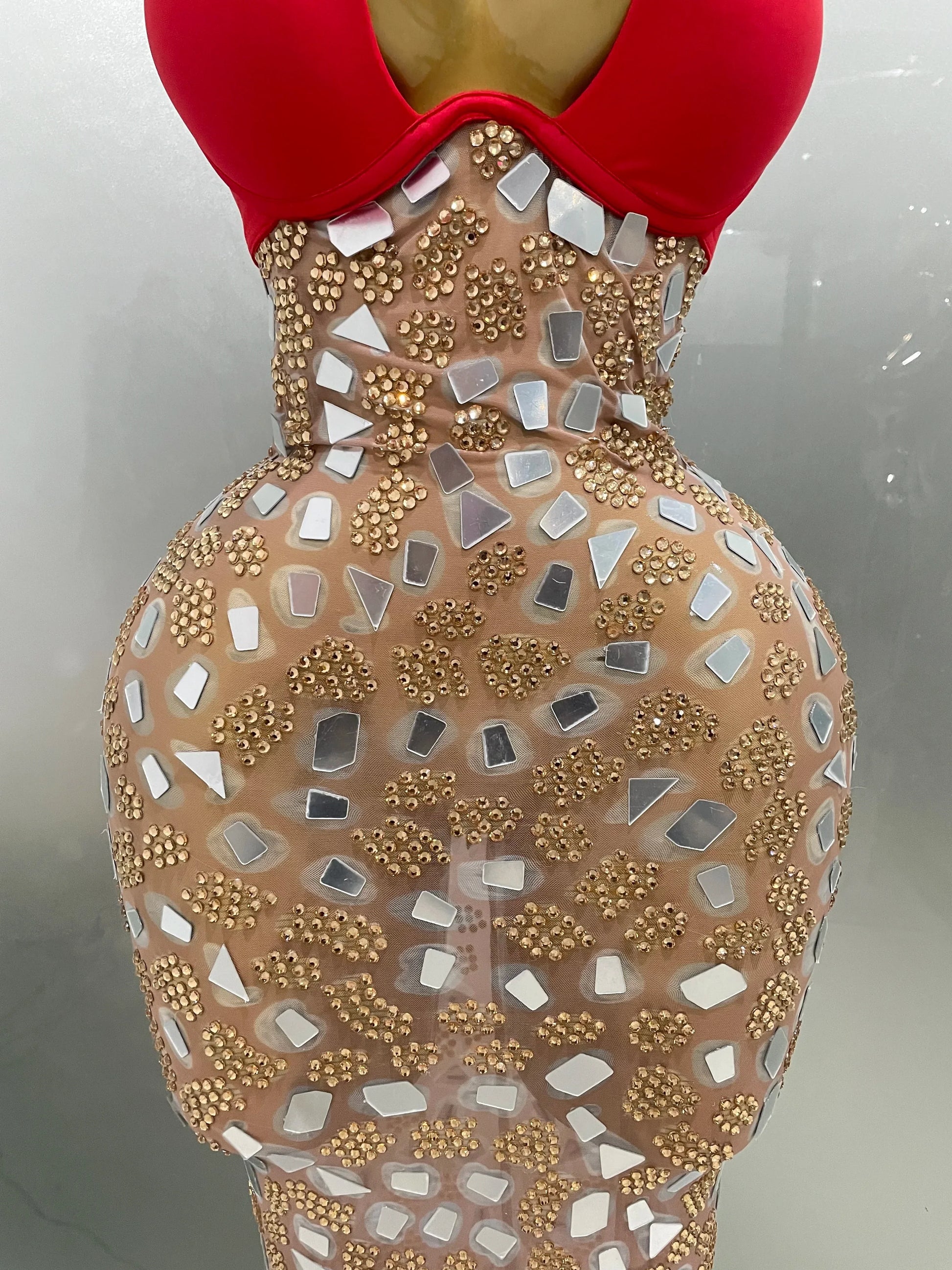 Sexy Sparkly Rhinestones Mesh Mirrors Red Roses Long Dress Women Elegant Evening Party Club Stage performance Costume