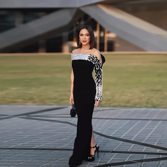 High Quality Women Sexy One Shoulder Shinning Crystal Bodycon Long Bandage Dress Elegant Evening Party Celebrity Red Carpet Wear