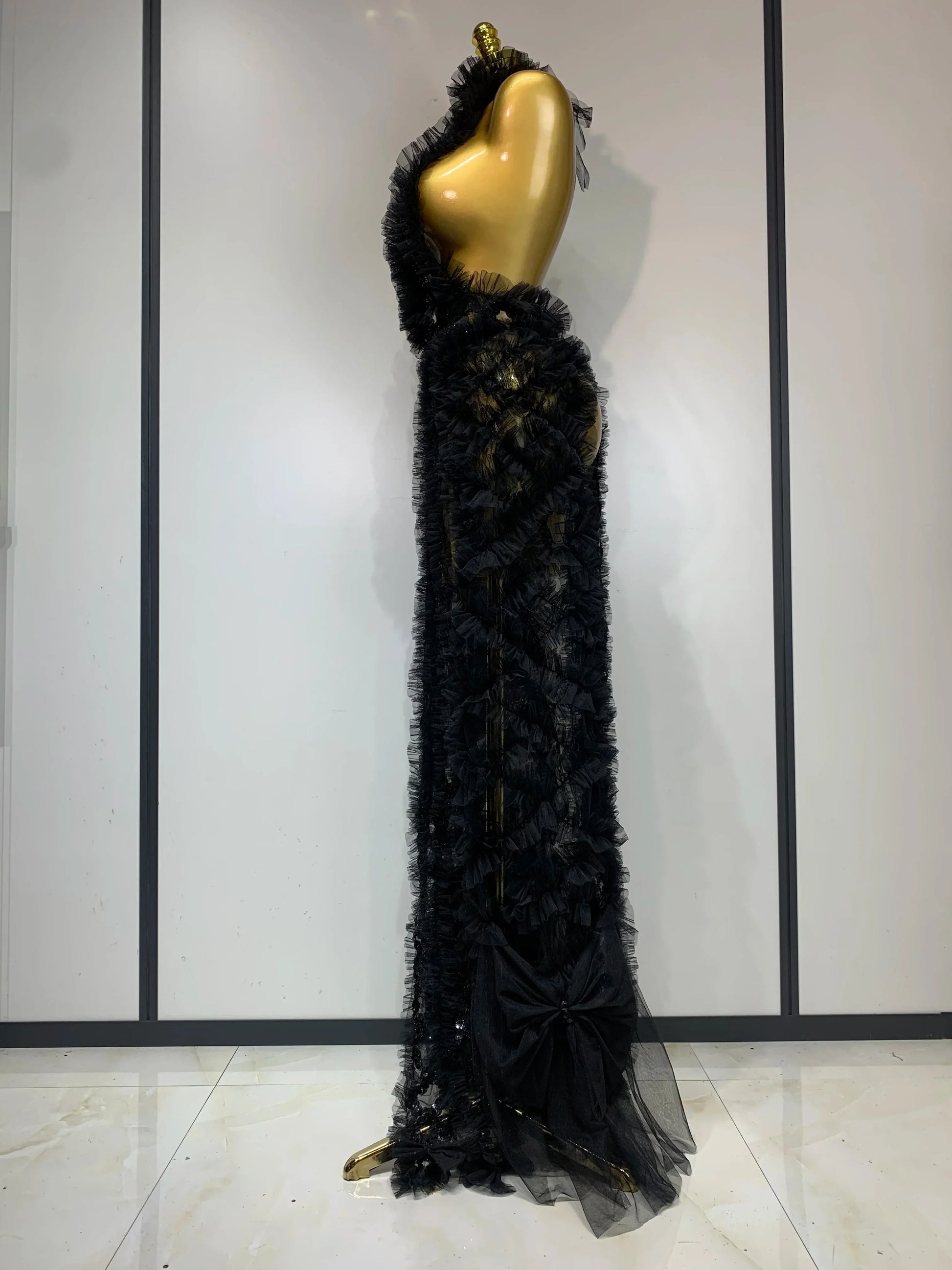Black Mesh Sequins Sexy Halter See Through Dress Evening Party Prom Nightclub Singer Performance Costume Stage Wear