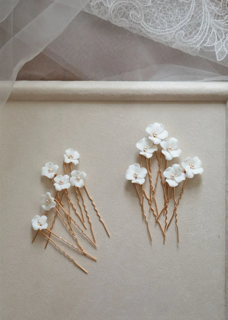 Bridal Jewelry Porcelain Flower Hair Pin Clip Pearl Head Piece For Brides Bridesmaids Hairpins Women Wedding Accessories
