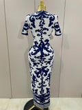 Sexy Short Sleeve Jacquard Blue Bandage Bodycon Long Dress Women Celebrity Elegant Evening Club Party Luxury Dresses