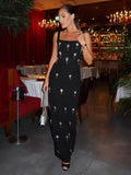 Elegant Women Light Luxury Nail Bead Bandage Dress Camisole Square Neck Sleeveless Bodycon Long Dress Evening Party Vestido