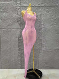 Pink Rhinestones Women Sleeveless Sexy Off the Shoulder Mesh See Through Bodycon Long Dress Celebrate Nightclub Party Outfit