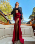 Arrival Rose Decoration Sexy High Split Red Bandage Long Shikt Fashion Graceful woman Item Evening Party Outfit