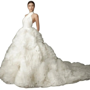 Ever Pretty Off White Halter Evening Dress with Handmade Ruffles Puffy Floral Bridal Gown with Long Train As Picture