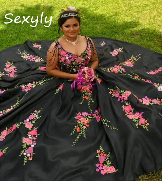 Mexican Style Black Quinceanera Dress Off Shoulders Para Sweet 15 Dress Charro Vestidos de Xv Birthday Party Prom Customized