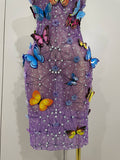 Women Celebrity Luxury Birthday Nightclub Stage Outfit Sparkly Butterfly Purple Sexy Mesh See Through Dress