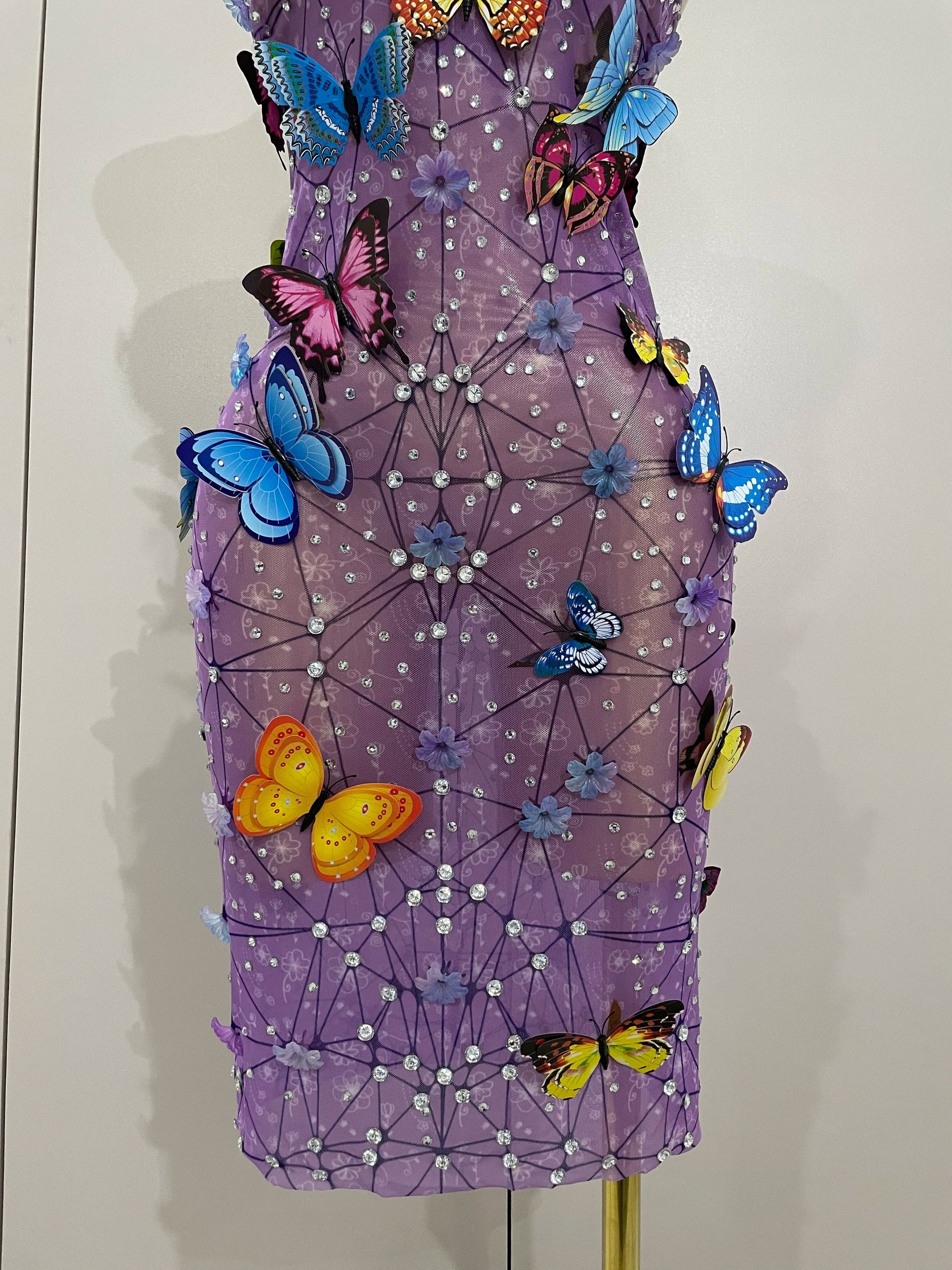 Women Celebrity Luxury Birthday Nightclub Stage Outfit Sparkly Butterfly Purple Sexy Mesh See Through Dress