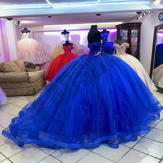 Royal Blue Quinceanera Dresses Luxury Crystal 3D Flower Applique Princess Birthday Party Vestidos de 15 años Corset