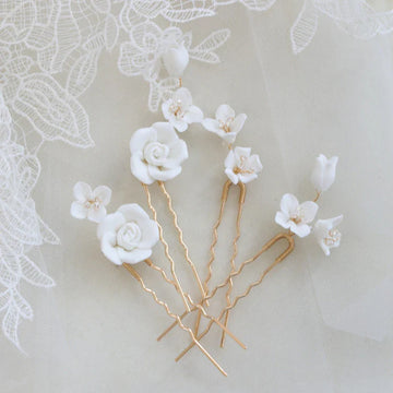 Gold Color Hair Clip Pins Porcelain Rose Flower Hairpins For Brides Bridesmaids Headpieces Bridal Jewelry Wedding Accessories gold color