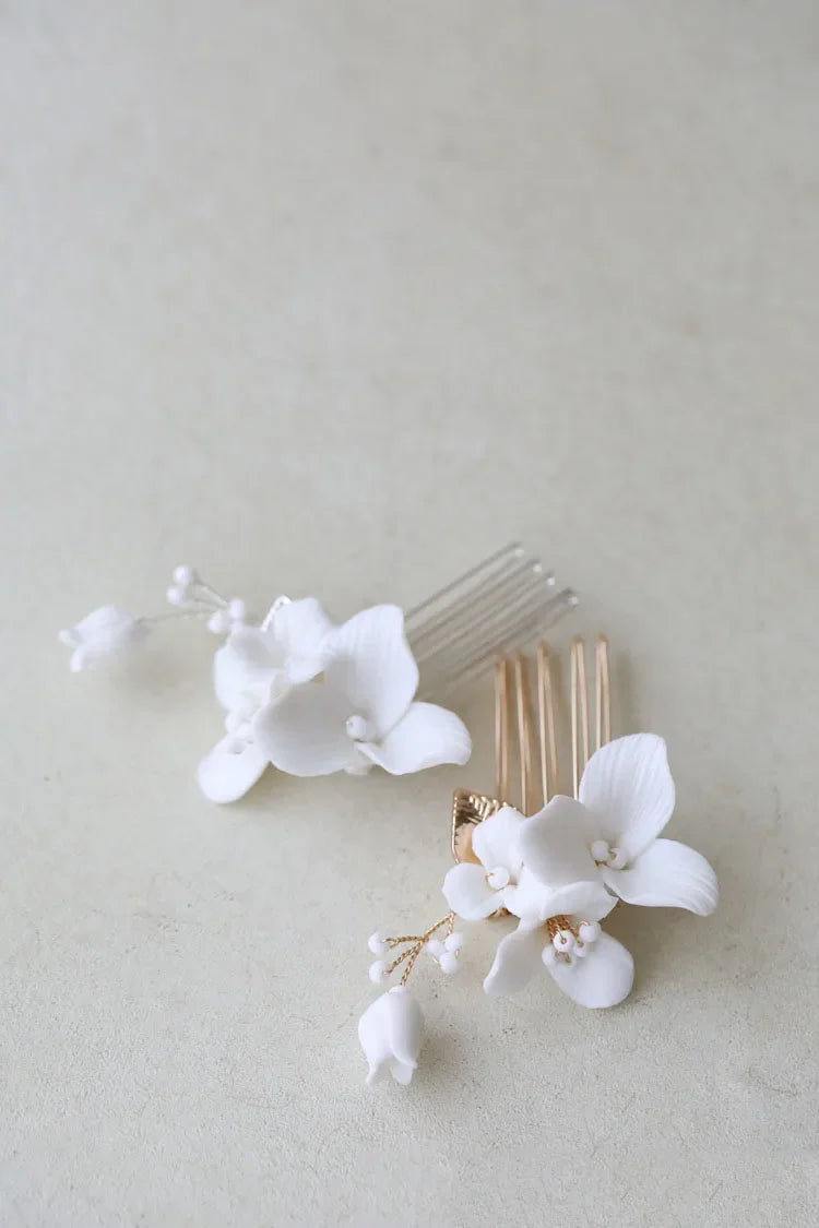 Porcelain Flower Hair Comb Pin Clip Gold Silver Color Head Piece Brides Bridesmaids Hairpin Wedding Accessories Bridal Jewelry