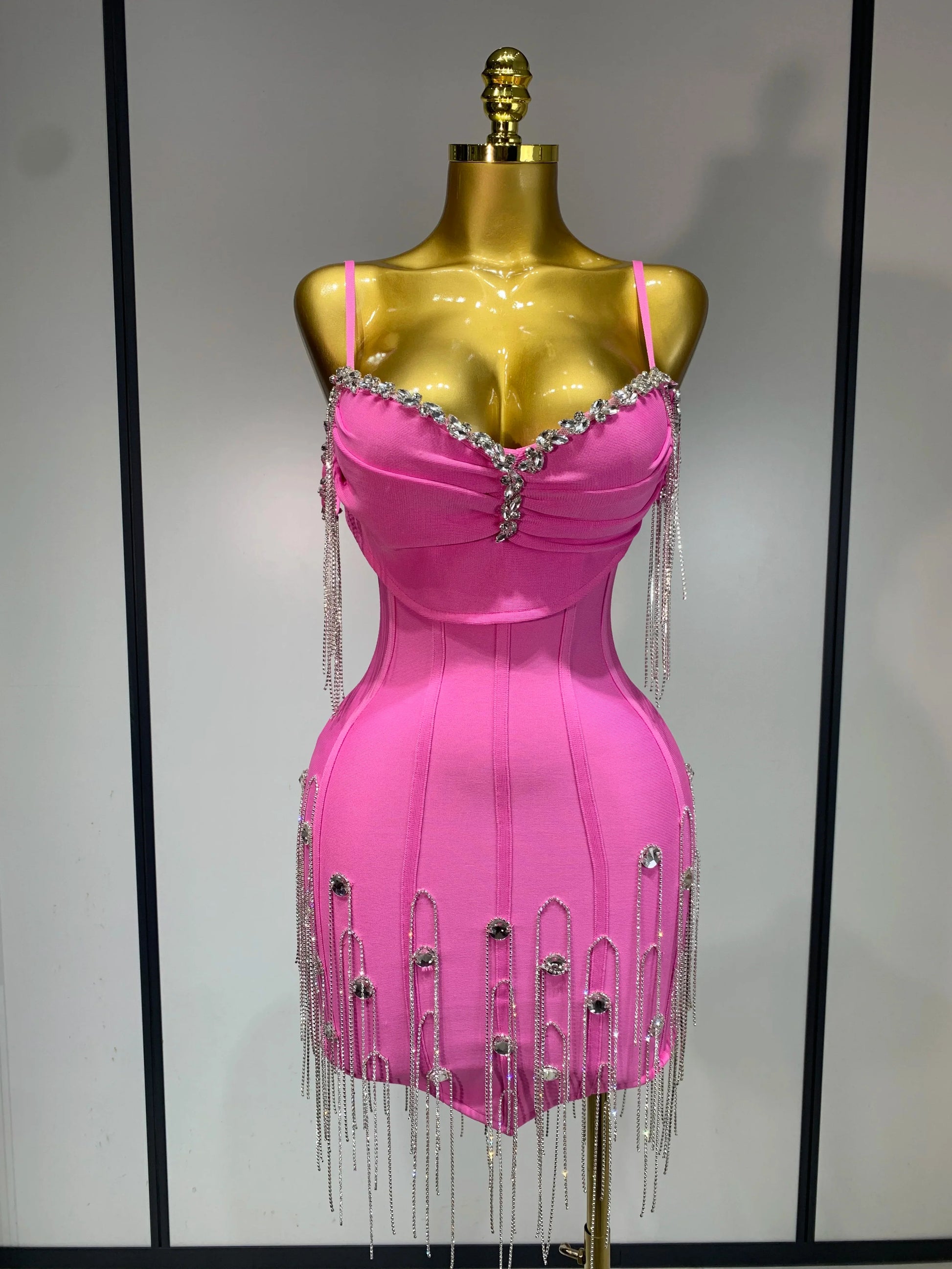 Women Sexy Backless Spaghetti Strap Bodycon Sleeveless Bandage Dress Elegant Prom Gown Club Evening Party Birthday Dresses Pink