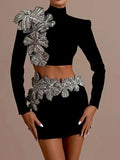 Women's Heavy Industry Nail Bead Flower Short Skirt Set High Collar Long Sleeve Tight Ultra Short Top+Mini Skirt Two Piece Set black