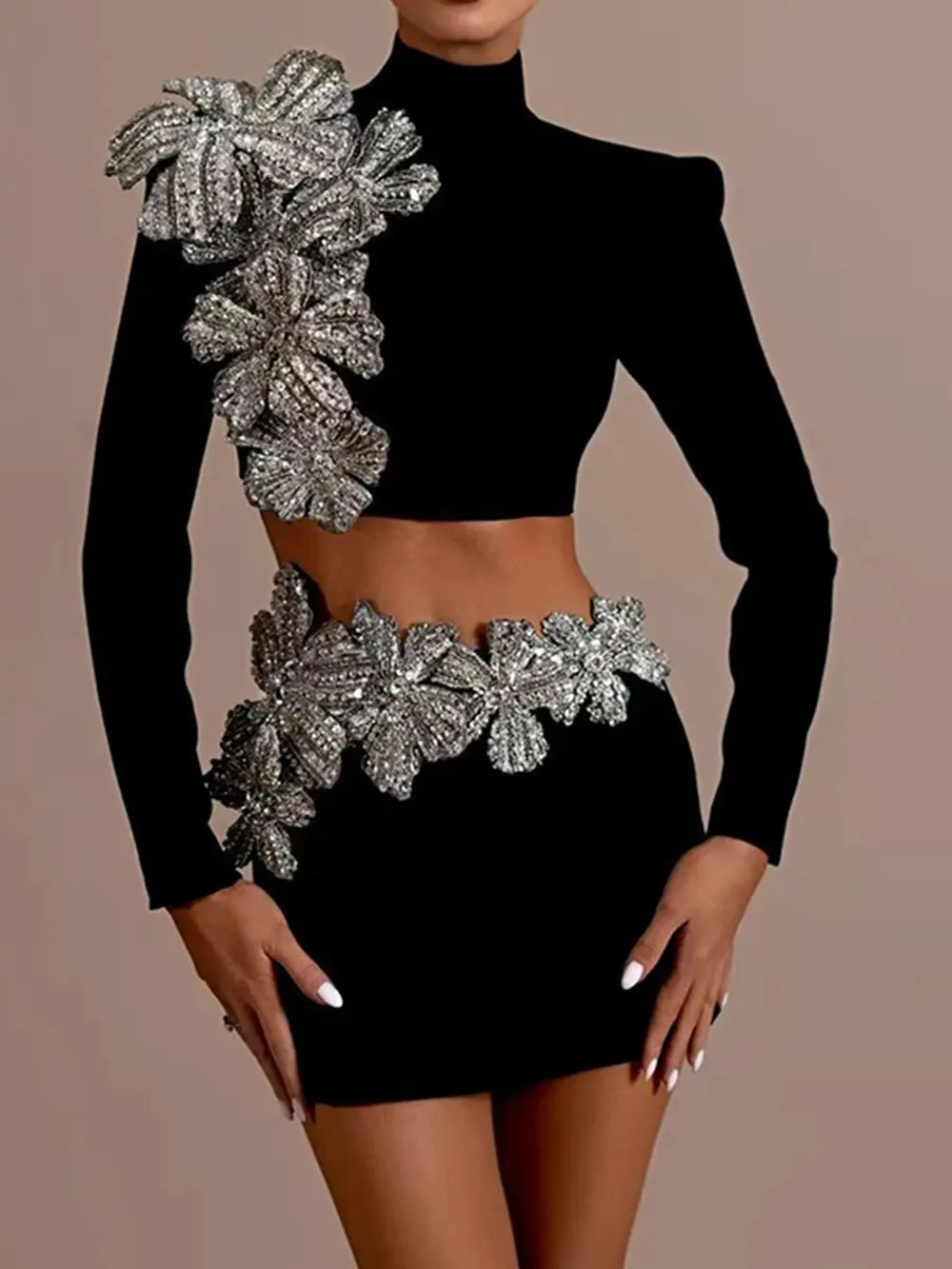 Women's Heavy Industry Nail Bead Flower Short Skirt Set High Collar Long Sleeve Tight Ultra Short Top+Mini Skirt Two Piece Set black
