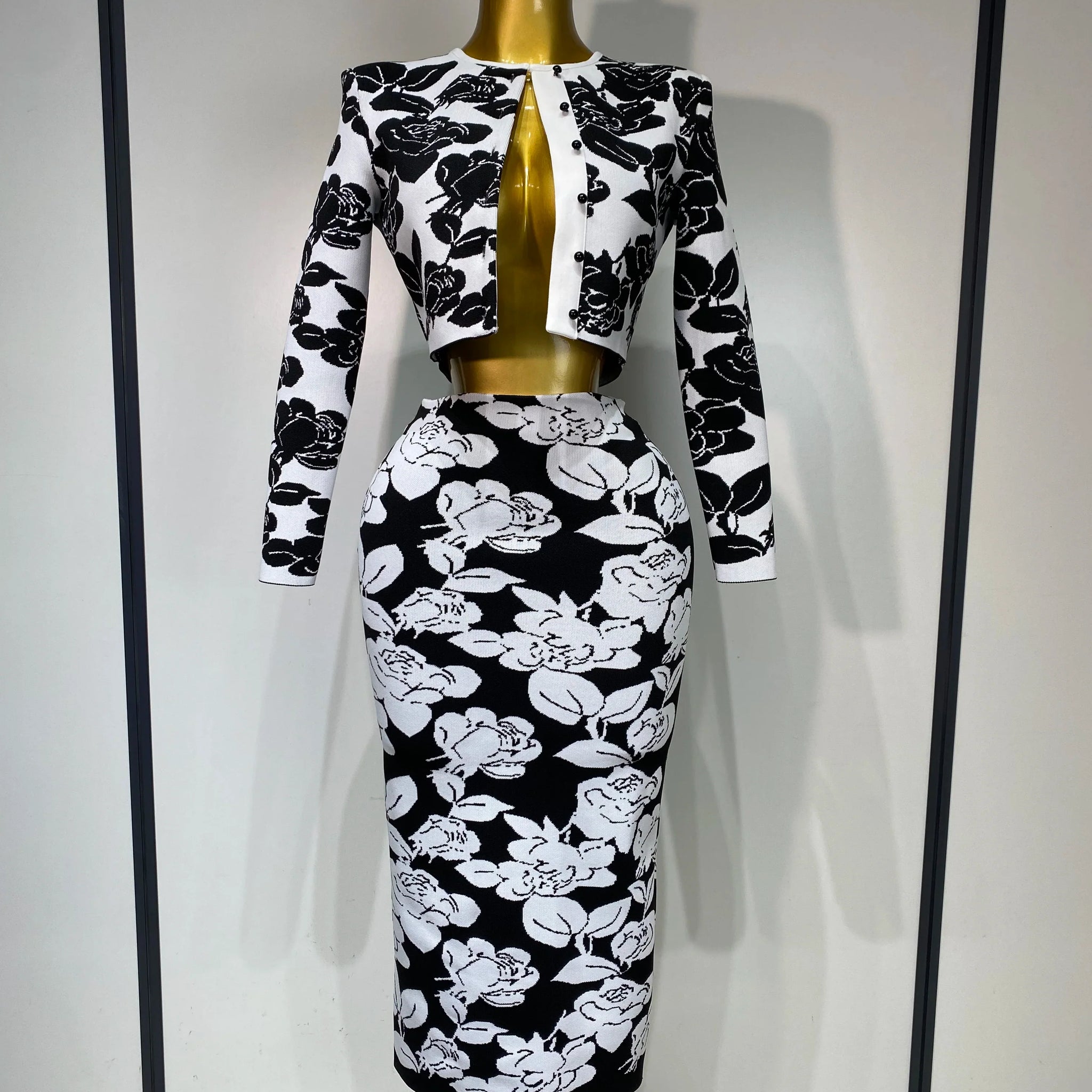 New Arrival Women Long Sleeve Jacquard Weave Two Pieces Set Celebrity Red Carpet Dress Birthday Bodycon Bandage Women's Set black