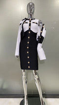 Arrivals Fashionable Women's Bandage Set Golden Buttons White Patchwork Black Coat And Sleeveless Bodycon MIini Dress
