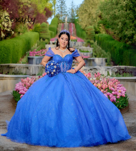Bling Blue Quinceanera Dresses With Beaded Sparkly Sequin Vestido De 15 Anos Plus Size Sweet 16 Dress Birthday Party Customized Blue