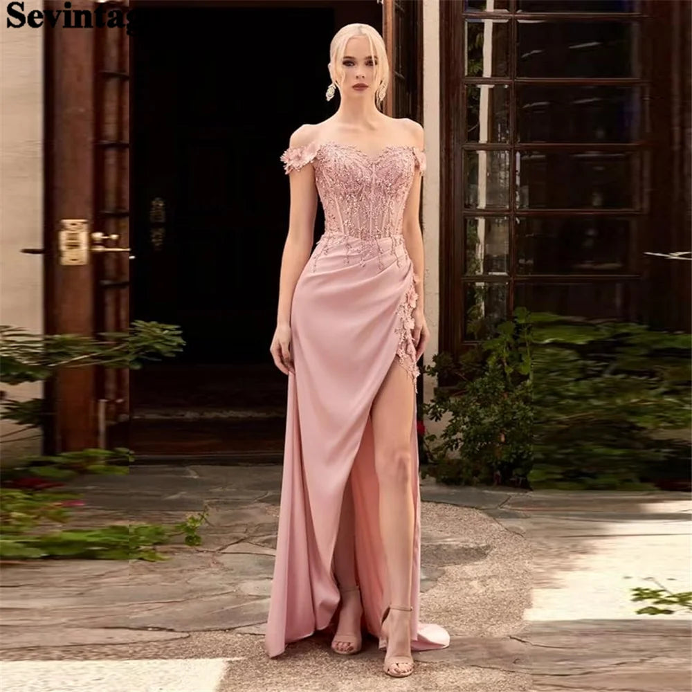 Elegant Pink Mermaid Evening Dress Off The Shoulder Lace Appliques Ruched Floor Length Prom Gown Formal Party Gown