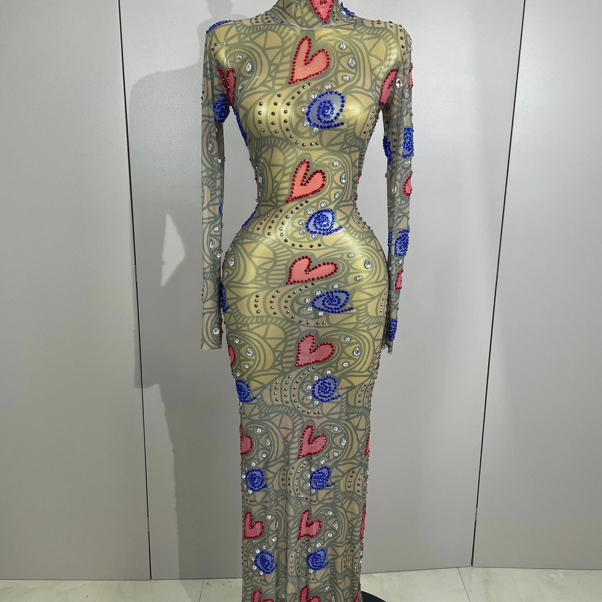 Sparkly Diamond High Neck Sexy Mesh Wrap Hip Long Dress Host Annual Meeting Party Nightclub Bar Performance Costume MULTI