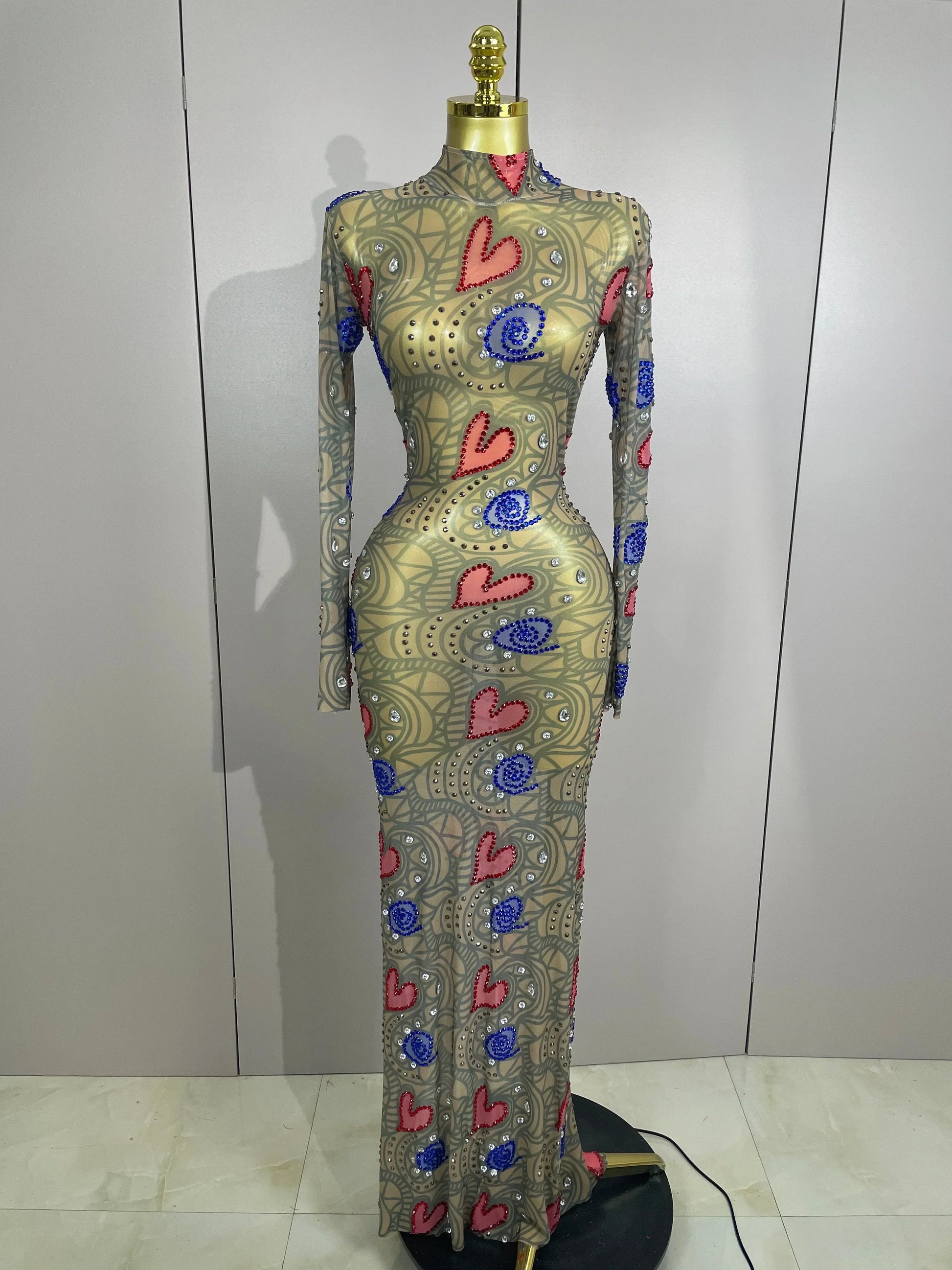 Sparkly Diamond High Neck Sexy Mesh Wrap Hip Long Dress Host Annual Meeting Party Nightclub Bar Performance Costume MULTI