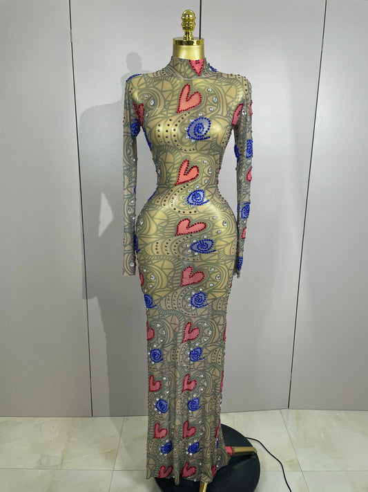 Sparkly Diamond High Neck Sexy Mesh Wrap Hip Long Dress Host Annual Meeting Party Nightclub Bar Performance Costume MULTI