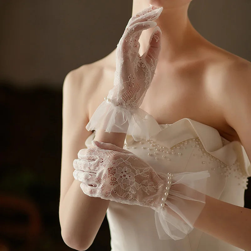 Lace Short Imitation Pearls Bridal Gloves Wristband Wedding Glove For Women Girl Party Evening Dress Jewelry Brides Accessories