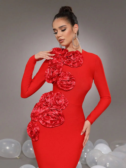 Elegant Women's 3D Flower Decorative Bandage Dress O-neck Long Sleeve Bodycon Long Dress Cocktail Evening Party Vestidos