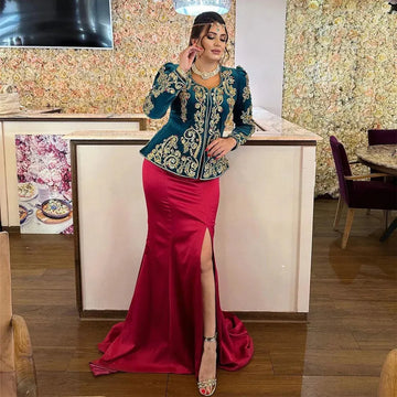 Arabic Velvet Mermaid Evening Dress with Square Collar, Lace Applique, Side Slit, Floor-Length Algerian Gown As Picture