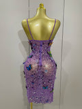 Women Celebrity Luxury Birthday Nightclub Stage Outfit Sparkly Butterfly Purple Sexy Mesh See Through Dress