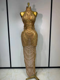 Sparkly Rhinestone Sexy Transparent Mesh Long Dress Women Luxury Birthday Club Party Gown Stage Singer Performance Costume Gold