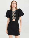 2024 Sexy Women's Water Diamond Butterfly Knot Design Bandage Dress O-Neck Bubble Short Sleeve Hollow Bodycon Mini Dress Vestido black